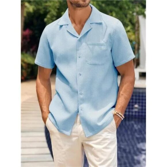 New Mens Waffle Button Down Shirt Light Blue Cuban Loose Fit Short Sleeve Top - Picture 3 of 6